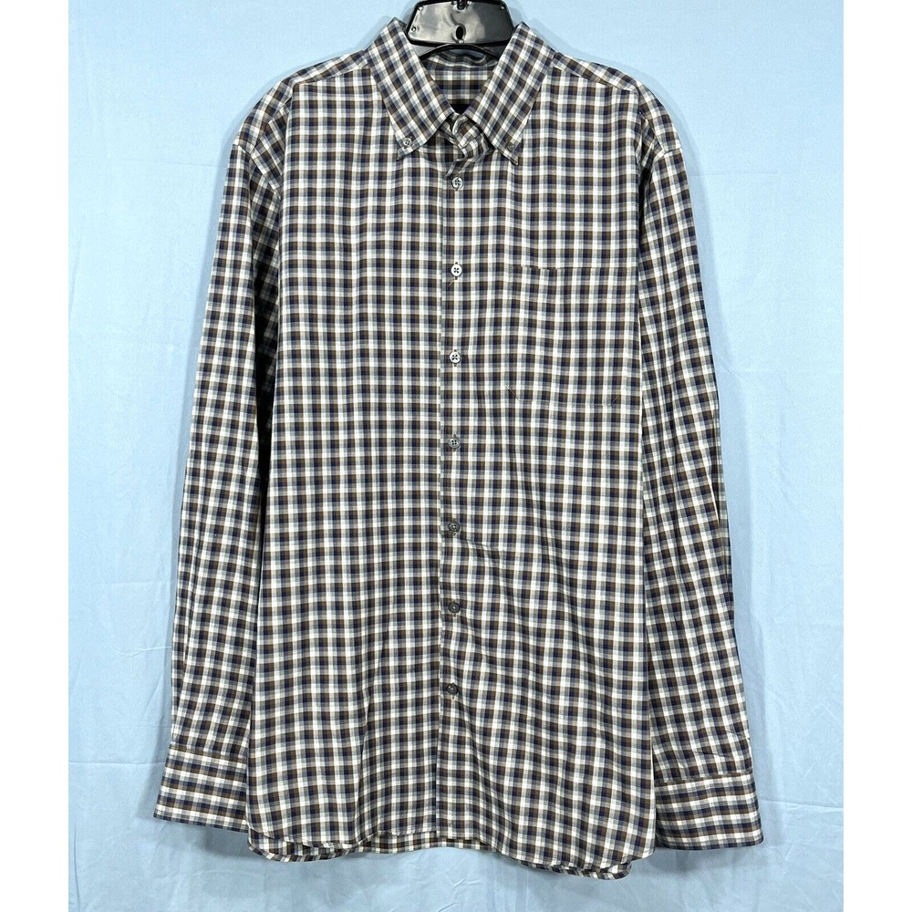 SCOTT BARBER Brown/Multi GINGHAM Twill 1-POCKET Long Sleeve BUTTON-UP SHIRT XL